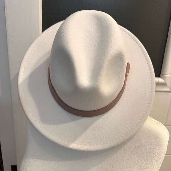 White fedora hat with taupe strap sz L - Picture 2 of 8